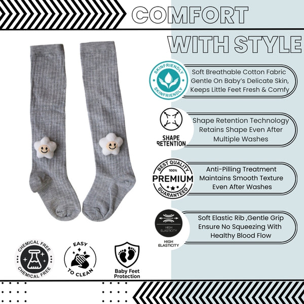 Baby Unisex Cotton Calf Length Grey Kids Long Smiley Star Face Socks-SK965andF08