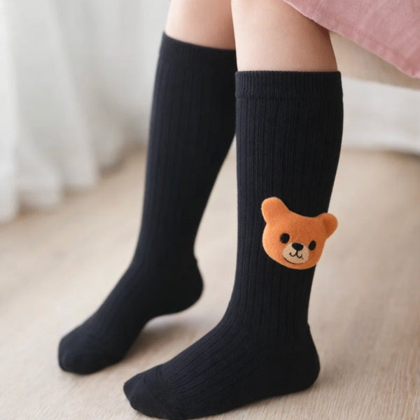 Baby Unisex Cotton Calf Length Black Kids Long Bear Face Socks-SK966andF02