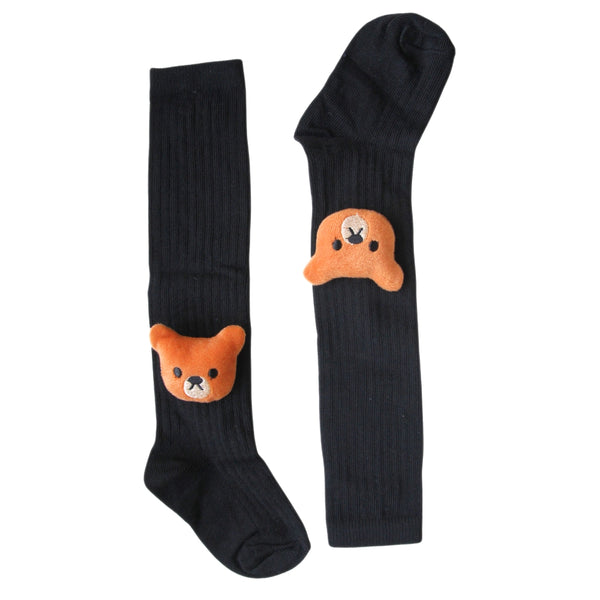 Baby Unisex Cotton Calf Length Black Kids Long Bear Face Socks-SK966andF02
