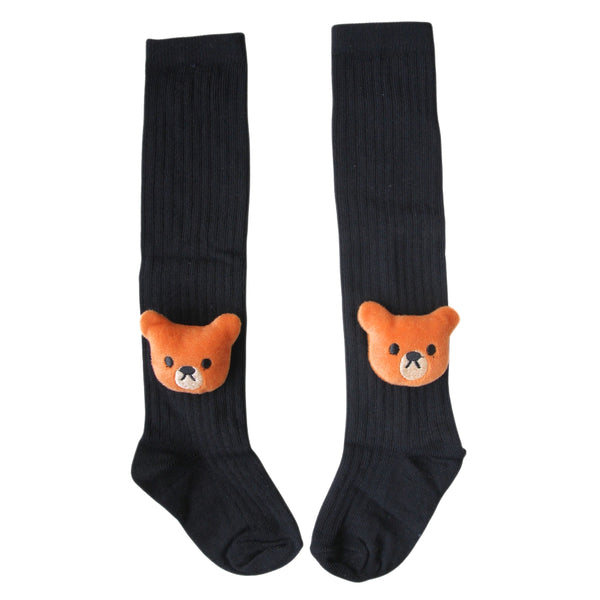 Baby Unisex Cotton Calf Length Black Kids Long Bear Face Socks-SK966andF02