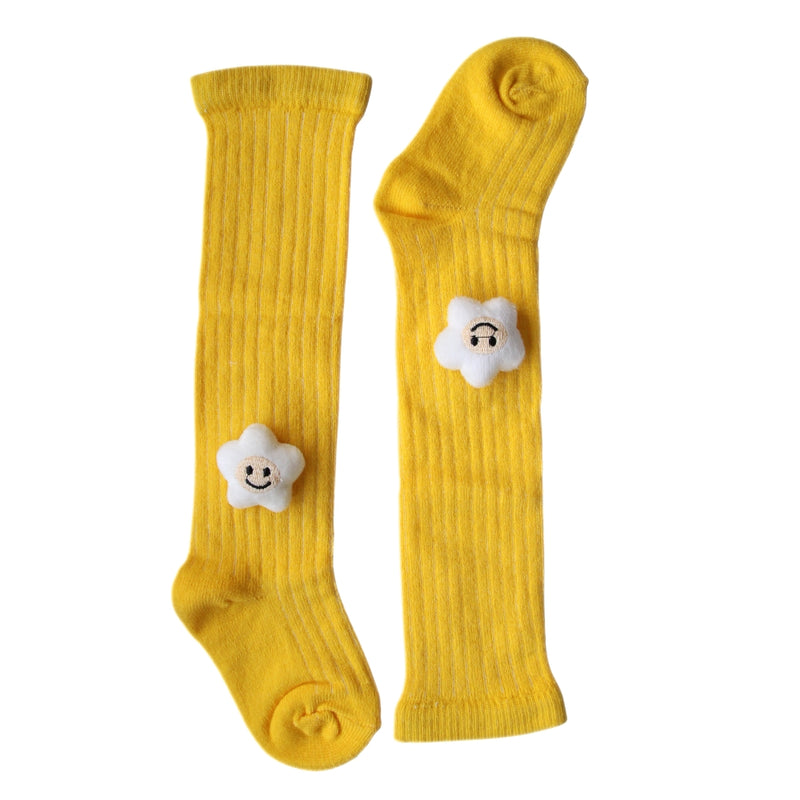 Baby Unisex Cotton Calf Length Yellow Kids Long Smiley Star Face Socks-SK967andF08