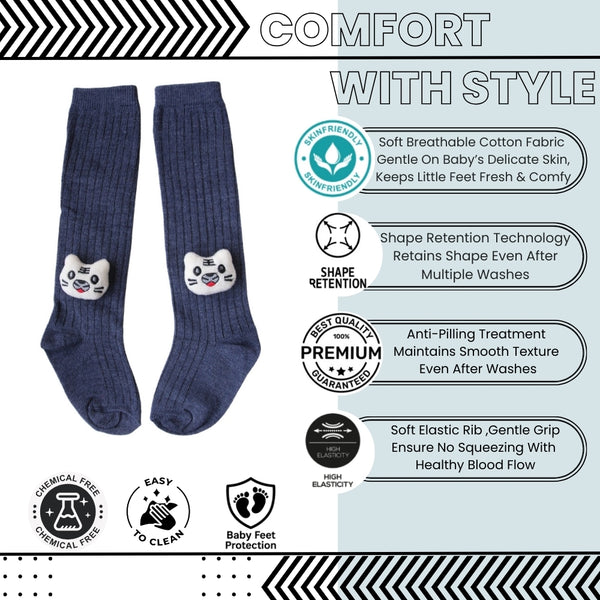 Baby Unisex Cotton Calf Length Blue Kids Long Cat Face Socks-SK968andF05