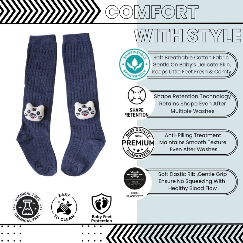 Baby Unisex Cotton Calf Length Blue Kids Long Cat Face Socks-SK968andF05