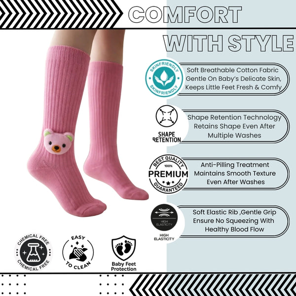 Baby Unisex Cotton Calf Length Pink Kids Long Bear Face Socks-SK969andF03