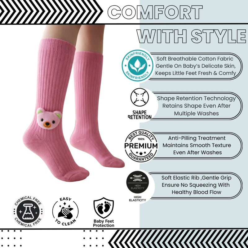 Baby Unisex Cotton Calf Length Pink Kids Long Bear Face Socks-SK969andF03