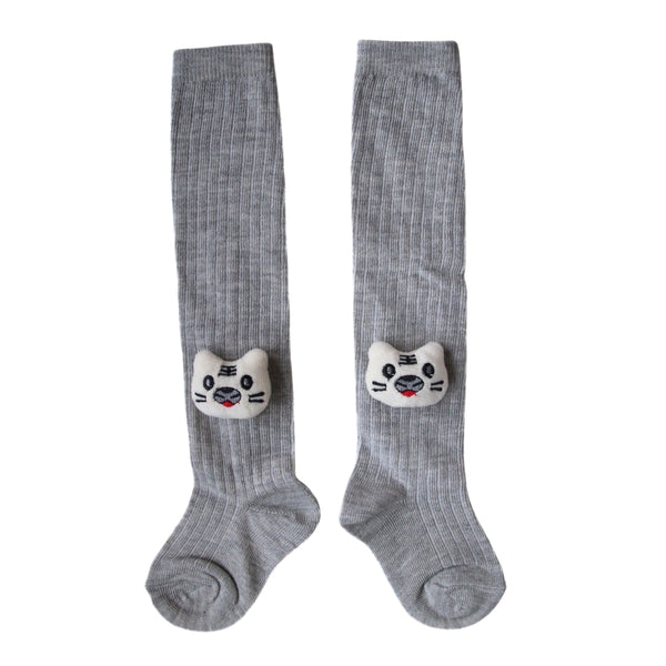 Baby Unisex Cotton Calf Length Grey Kids Long Cat Face Socks-SK971andF05