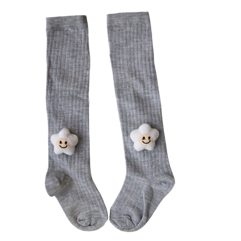 Baby Unisex Cotton Calf Length Grey Kids Long Smiley Star Face Socks-SK971andF08