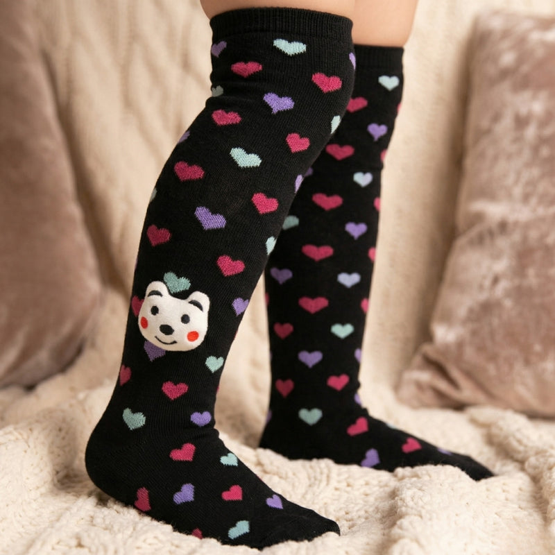 Unisex Cotton Black Calf Length Kids Long Face Socks-SK1072andF21