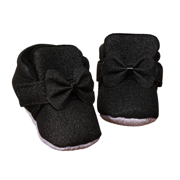 Baby Girls Cotton Partywear Bow Black Velcro Booties-BT2242