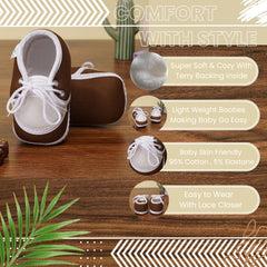6 To 12 Months Baby Boys & Girls Cotton Pre-Walker Lace Plain Booties (Brown,White)-BT2301