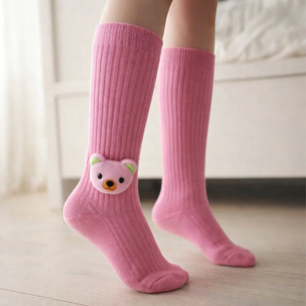 Baby Unisex Cotton Calf Length Pink Kids Long Bear Face Socks-SK1068andF03