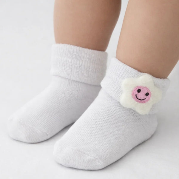 Baby Unisex Cotton Ankle Length White Kids Smiley Star Face Socks-SK1470