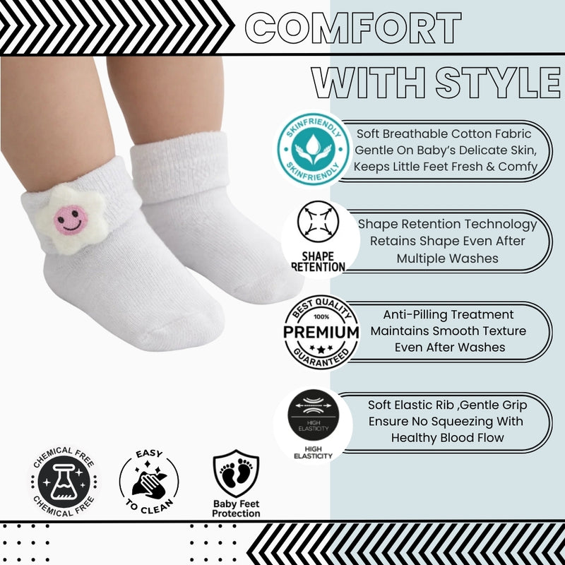Baby Unisex Cotton Ankle Length White Kids Smiley Star Face Socks-SK1470