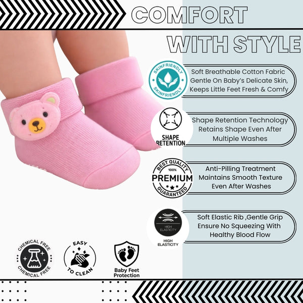 Baby Unisex Cotton Ankle Length Pink Kids Bear Face Socks-SK1474