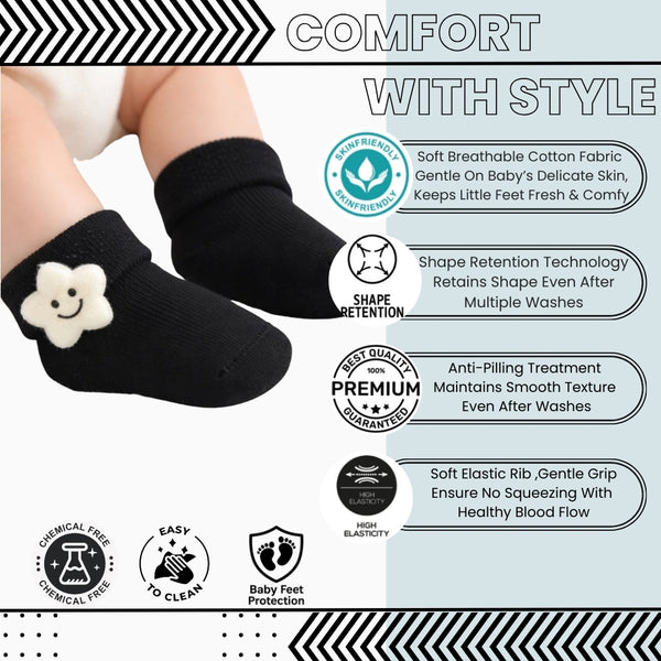 Baby Unisex Cotton Ankle Length Black Kids Smiley Star Face Socks-SK1475
